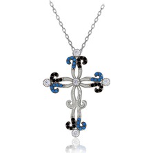 Renkli Taşlı Büyük Haç Gümüş Kolye