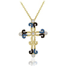 Renkli Taşlı Büyük Haç Gümüş Kolye