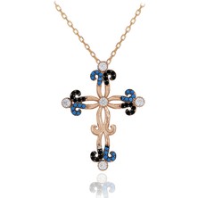 Renkli Taşlı Büyük Haç Gümüş Kolye