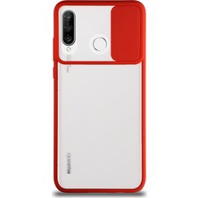 KZY Huawei P30 Lite Kapak Lensi Açılır Kapanır Kamera Korumalı Silikon Kılıf Kırmızı