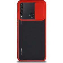 KZY Huawei Y6P Kapak Lensi Açılır Kapanır Kamera Korumalı Silikon Kılıf Kırmızı