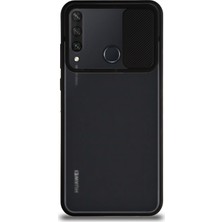 KZY Huawei Y6P Kapak Lensi Açılır Kapanır Kamera Korumalı Silikon Kılıf Siyah