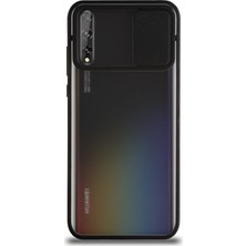 KZY Huawei Y8P Kapak Lensi Açılır Kapanır Kamera Korumalı Silikon Kılıf Siyah