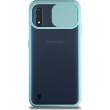 KZY Samsung Galaxy A01 Kapak Lensi Açılır Kapanır Kamera Korumalı Silikon Kılıf Turkuaz