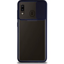 KZY Samsung Galaxy A20 Kapak Lensi Açılır Kapanır Kamera Korumalı Silikon Kılıf Lacivert