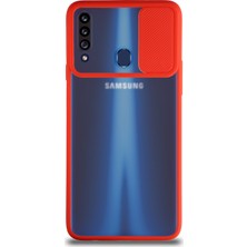 KZY Samsung Galaxy A20S Kapak Lensi Açılır Kapanır Kamera Korumalı Silikon Kılıf Kırmızı