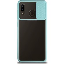 KZY Samsung Galaxy A30 Kapak Lensi Açılır Kapanır Kamera Korumalı Silikon Kılıf Turkuaz