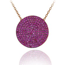 Fuşya Taşlı Yuvarlak Gümüş Kolye