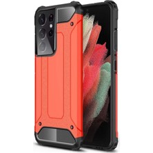 CaseArt Samsung Galaxy S21 Ultra Kapak Çift Katmanlı Zırh Tank Kılıf - Kırmızı