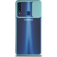 CaseArt Samsung Galaxy A20S Kapak Lensi Açılır Kapanır Kamera Korumalı Silikon Kılıf - Turkuaz