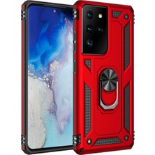 CaseArt Samsung Galaxy S21 Ultra Kapak Military Yüzüklü Stantlı Panzer Tank Kılıf - Kırmızı