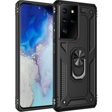 CaseArt Samsung Galaxy S21 Ultra Kapak Military Yüzüklü Stantlı Panzer Tank Kılıf - Siyah