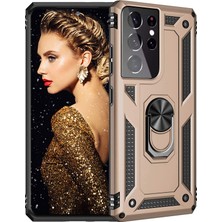 Gpack Samsung Galaxy S21 Ultra 5G Kılıf Tank Koruma Vega Standlı Yüzüklü Mıknatıslı Gold