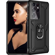 Gpack Samsung Galaxy S21 Ultra 5G Kılıf Vega Standlı Yüzüklü Mıknatıslı+Full Ekran Koruyucu Siyah