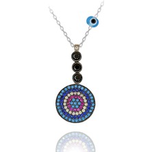 Renkli Taşlı Nazar Boncuklu Yuvarlak Gümüş Kolye