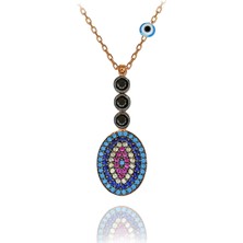 Renkli Taşlı Nazar Boncuklu Oval Gümüş Kolye