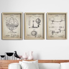 Dekor Loft Doğal Çam Çerçeveli Duvar Tablosu Antik Planetaryum, Güneş Sistemi, Armillary Küre,tellüriyen