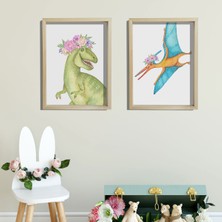 Dekor Loft Doğal Çam Çerçeveli Bebek ve Çocuk Odası Duvar Tablosu Sevimli Çiçekli Dinazorlar