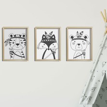 Dekor Loft Doğal Çam Çerçeveli Bebek ve Çocuk Odası Duvar Tablosu Kızılderili Arkadaşlar