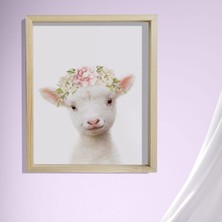 Dekor Loft Doğal Çam Çerçeveli Bebek ve Çocuk Odası Duvar Tablosu Çiçekli Kuzu