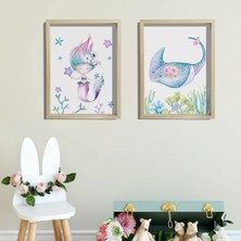 Dekor Loft Doğal Çam Çerçeveli Bebek ve Çocuk Odası Duvar Tablosu Çiçekli Denizkızı ve Vatos Balığı