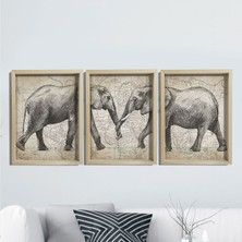 Dekor Loft Doğal Çam Çerçeveli Duvar Tablosu Antik Fil ve Harita Sanatı