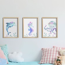 Dekor Loft Doğal Çam Çerçeveli Bebek ve Çocuk Odası Duvar Tablosu Çiçekli Deniz Hayvanları