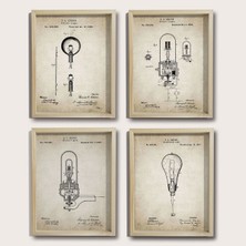 Dekor Loft Doğal Çam Çerçeveli Duvar Tablosu Edison 1880 Yılı Ampul Patent Seti