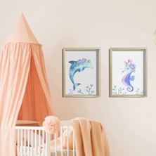 Dekor Loft Doğal Çam Çerçeveli Bebek ve Çocuk Odası Duvar Tablosu Çiçekli Yunus Balığı ve Denizatı