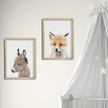 Dekor Loft Doğal Çam Çerçeveli Bebek ve Çocuk Odası Duvar Tablosu Eşek ve Tilki