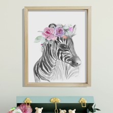 Dekor Loft Doğal Çam Çerçeveli Bebek ve Çocuk Odası Duvar Tablosu Çiçekli Zebra