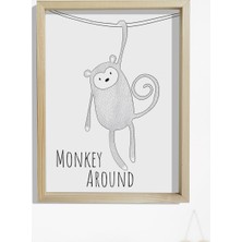 Dekor Loft Doğal Çam Çerçeveli Bebek ve Çocuk Odası Duvar Tablosu Etrafta Maymun Var
