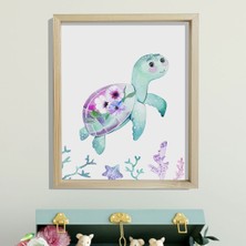 Dekor Loft Doğal Çam Çerçeveli Bebek ve Çocuk Odası Duvar Tablosu Çiçekli Kaplumbağa