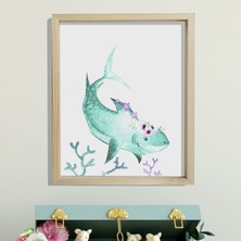 Dekor Loft Doğal Çam Çerçeveli Bebek ve Çocuk Odası Duvar Tablosu Çiçekli Köpek Balığı