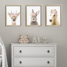 Dekor Loft Doğal Çam Çerçeveli Bebek ve Çocuk Odası Duvar Tablosu Çiçekli Ceylan - Tavşan - At