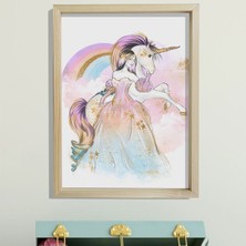 Dekor Loft Doğal Çam Çerçeveli Bebek ve Çocuk Odası Duvar Tablosu Kreliçe ve Unicorn