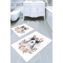 Resmiro Beyaz Zemin Çiçekler ve Rakun Desenli 2′li Banyo Paspası (50X60 cm - 60X100 Cm)