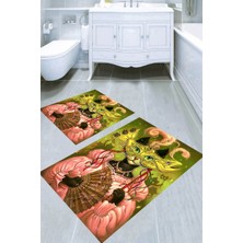 Resmiro Maskeli Kedi Desenli 2li Banyo Paspası (50X60 cm - 60X100 Cm)