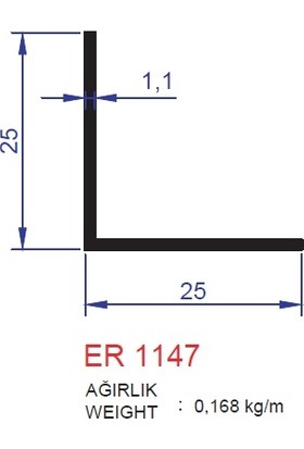 Ersaş Alüminyum '' L '' 25 x 25 mm Köşebent Profili Er 1147 Mat Eloksal 3 Metre x 2 Adet
