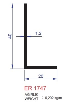 Ersaş Alüminyum '' L '' 20 x 40 mm Köşebent Profili Er 1747 Mat Eloksal 2 Metre x 3 Adet