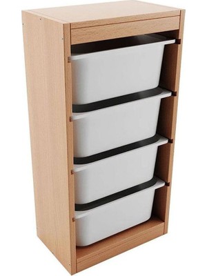 Bienwood BIE-4004 Ahşap 4 Raflı Plastik Çekmeceli Oyuncak Dolabı