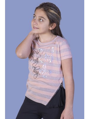 Toontoy Kız Çocuk Çizgili Kelebek Baskılı T-Shirt