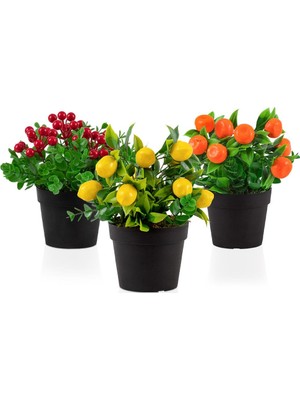 Çiçekmisin 3’lü Set Siyah Mini Plastik Saksıda Yapay Kokina, Limon ve Mandalina Çiçeği