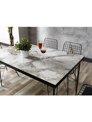 Ressahome Yonca Bendir Görünümlü Metal Ayaklı Mutfak Masası Takımı - 80X120 cm