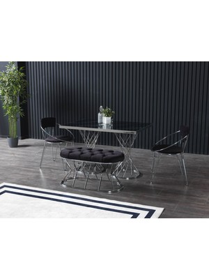 Ressahome Frezya Puflu Siyah Mermerli Mutfak Masası TAKIMI-80X120 cm