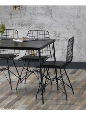Ressahome Yonca Siyah Mermer Görünümlü Metal Ayaklı Mutfak Masası Takımı - 80X120 cm
