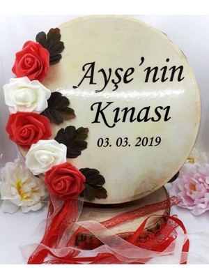 Hayaller Dükkanı 32 cm Çiçek Süslemeli Kurdelalı Deri Tef Isim Baskılı