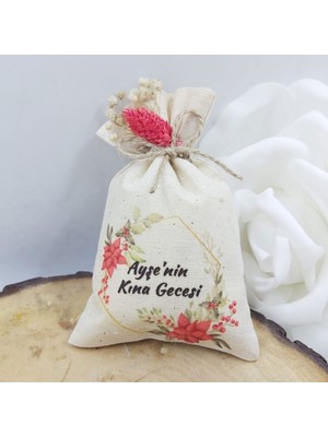 Hayaller Dükkanı 30 Adet Kişiye Özel Baskılı Kirmzi Çiçekli Keten Kese Kına Si
