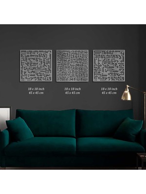 Wall Art İstanbul Ayetel Kürsi, Felak ve Nas Suresi 3'lü Set Kufi Islami Metal Tablo - Dini Duvar Tabloları - Gümüş - WAM084