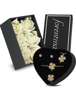 Forentina Güllü Kutuda Yonca Kolye Küpe Bileklik Yüzük Set PS1641